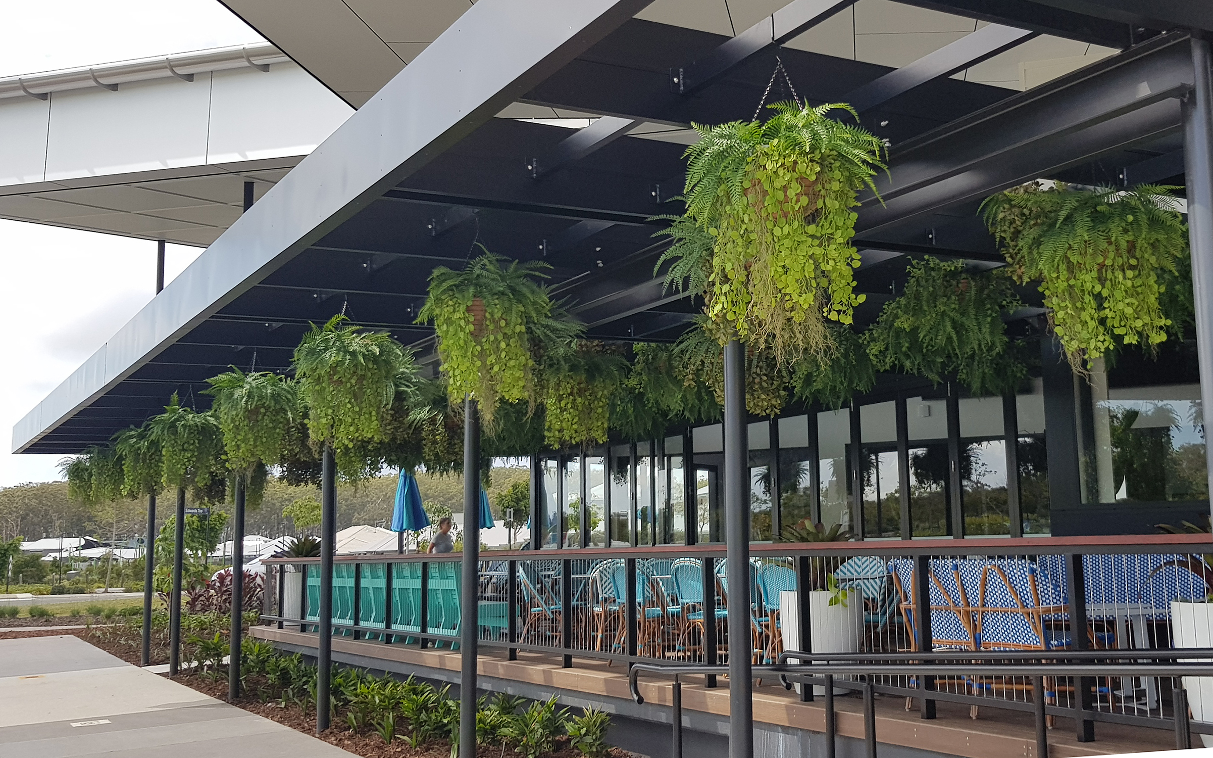 hanging-baskets on balcony